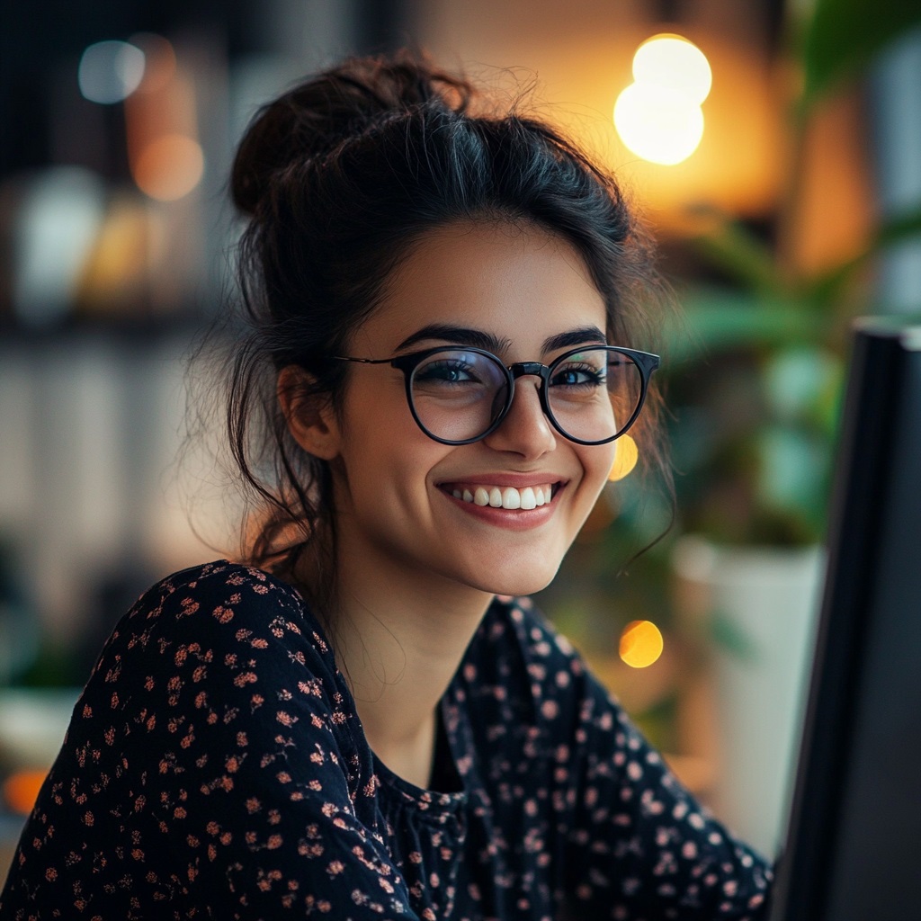 hyper realistic 4k photograph of a woman smiling and working on her computer, focus on her --v 6.1 Job ID: 5227954e-cce3-4cc0-80a5-f2291656a18e