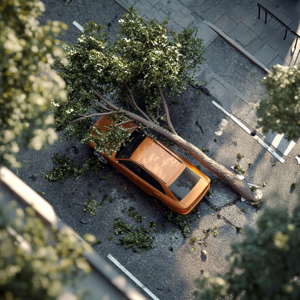 Siniestro Arbol fotografía hiper realista 4k de un accidente de autos: una rama de un árbol cayendo sobre un vehículo familiar de modelo reciente y elegante en una calle transitada --v 6.1 Job ID: 68dbc0ab-54a6-4d21-9e51-80d3d21f09f5