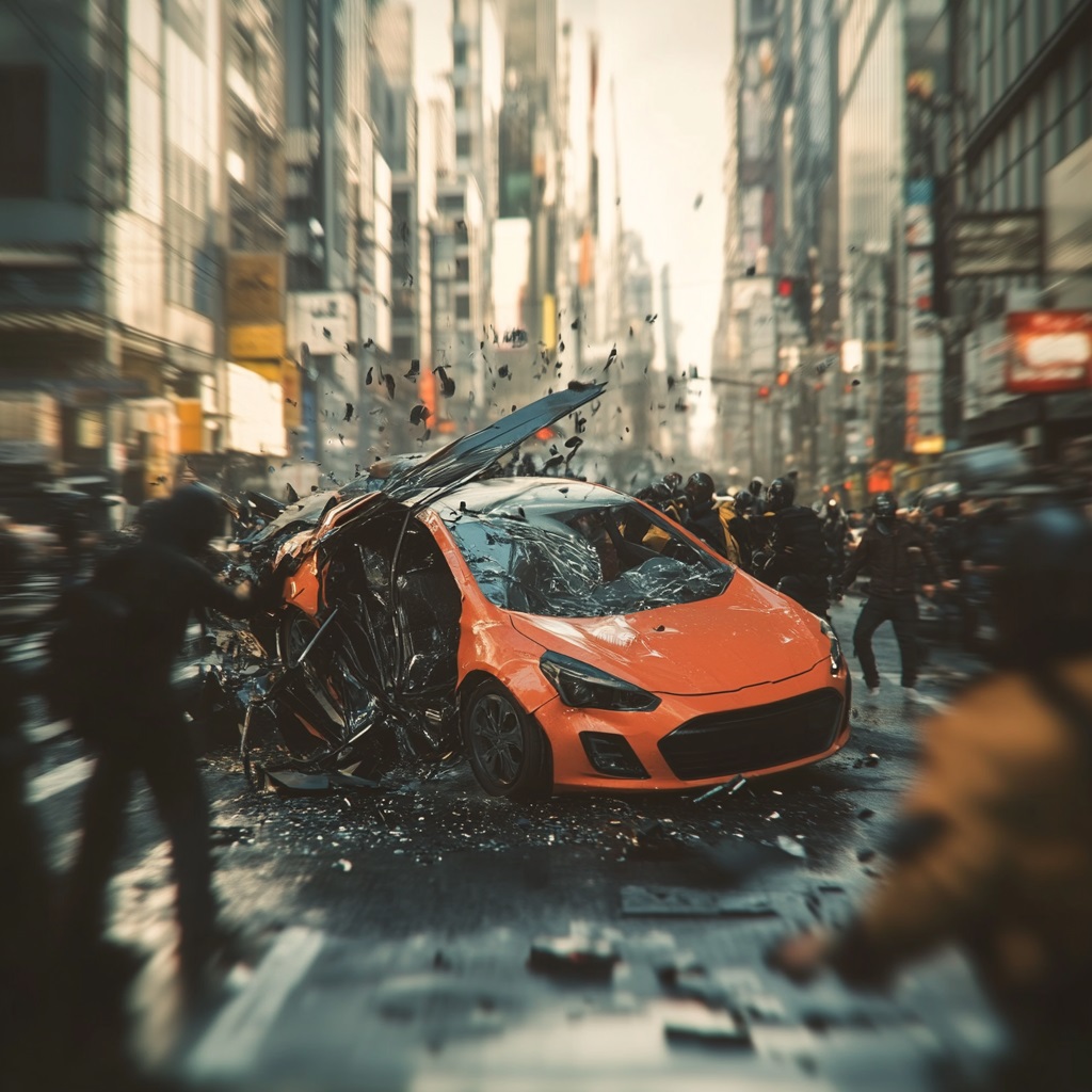 Siniestro Bandalismo fotografía hiper realista 4k de un accidente de autos: un vehículo familiar moderno y elegante siendo atacado por personas en una marcha en una calle transitada --v 6.1 Job ID: e479410d-f8e2-4c13-9ef0-c6e8f1709eae