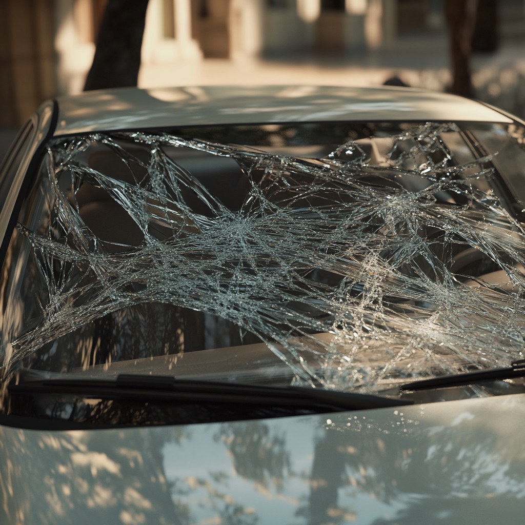 Siniestro Cristal hyper realistic 4k photography of a modern and elegant family car with a crashed windshield --v 6.1 Job ID: 7ba1be52-2c65-43d0-a56c-175d9877e118