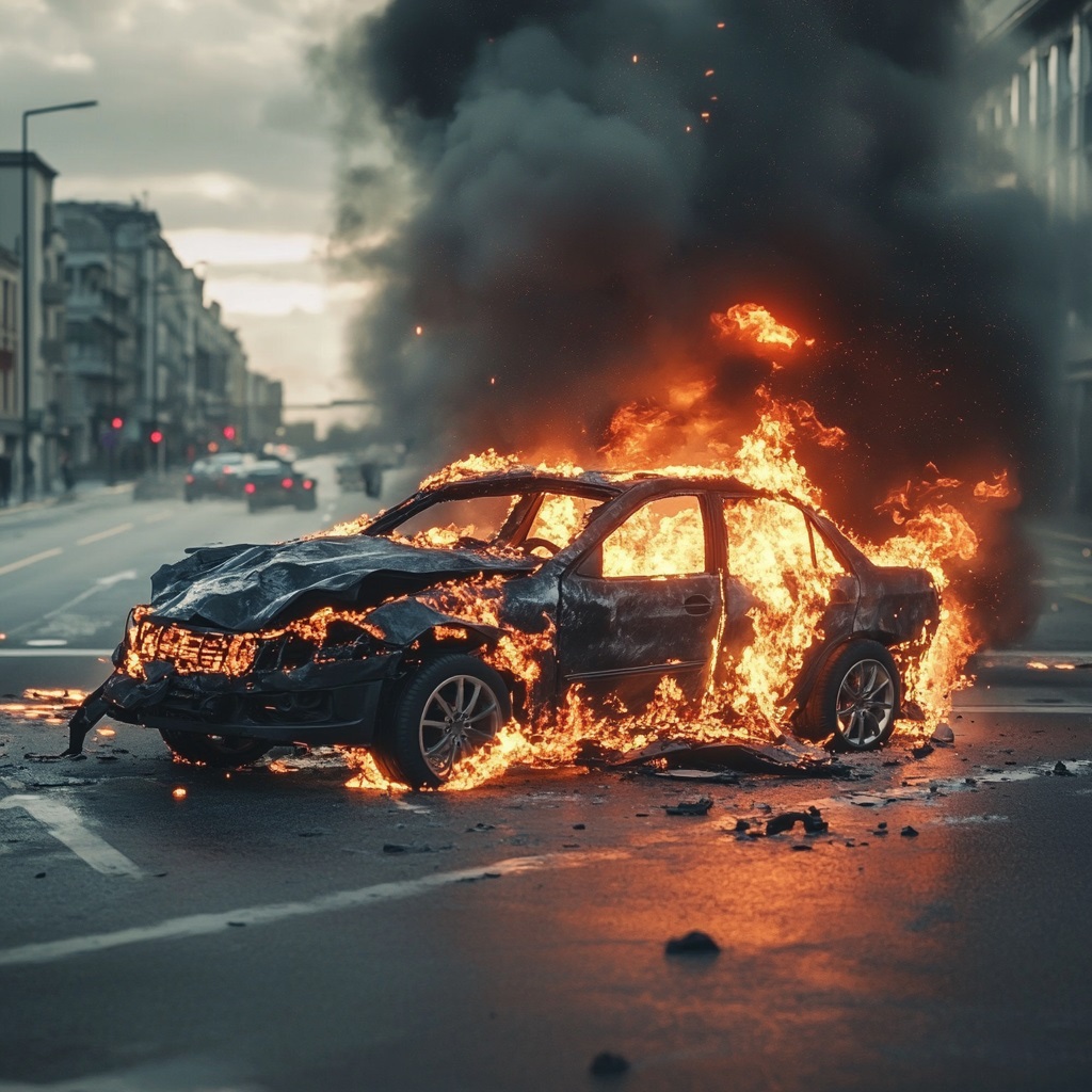 Siniestro Incendio fotografía hiper realista 4k de un accidente de autos: un vehículo familiar de modelo reciente y elegante incendiándose en una calle transitada --v 6.1 Job ID: 1875bc3c-e3b5-4a9b-8a98-ade573fc1428