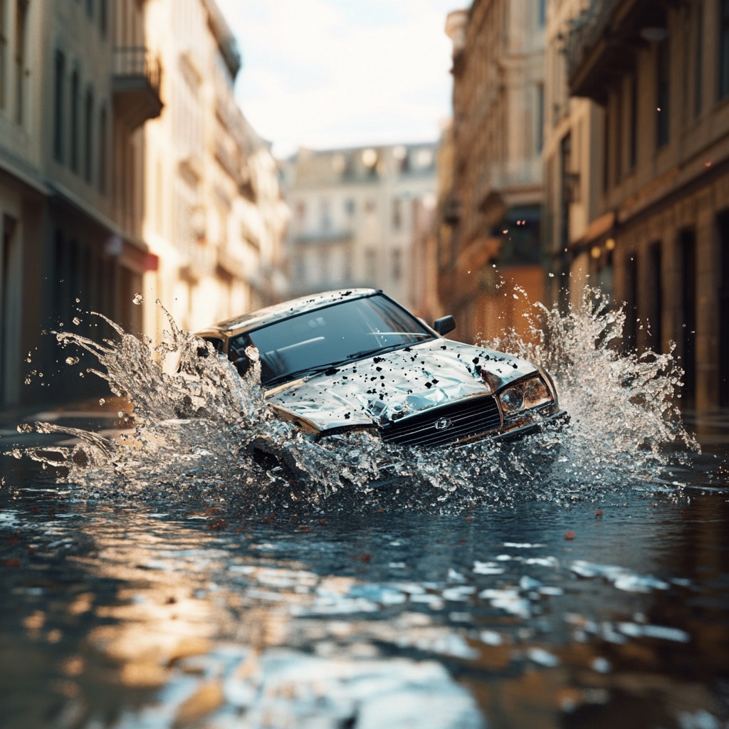Siniestro Inundacion fotografía hiper realista 4k de un accidente de autos: un vehículo familiar de modelo reciente y elegante inundándose en una calle transitada --v 6.1 Job ID: 033b3755-bf3d-44cd-980e-c7b7b66ba6f3