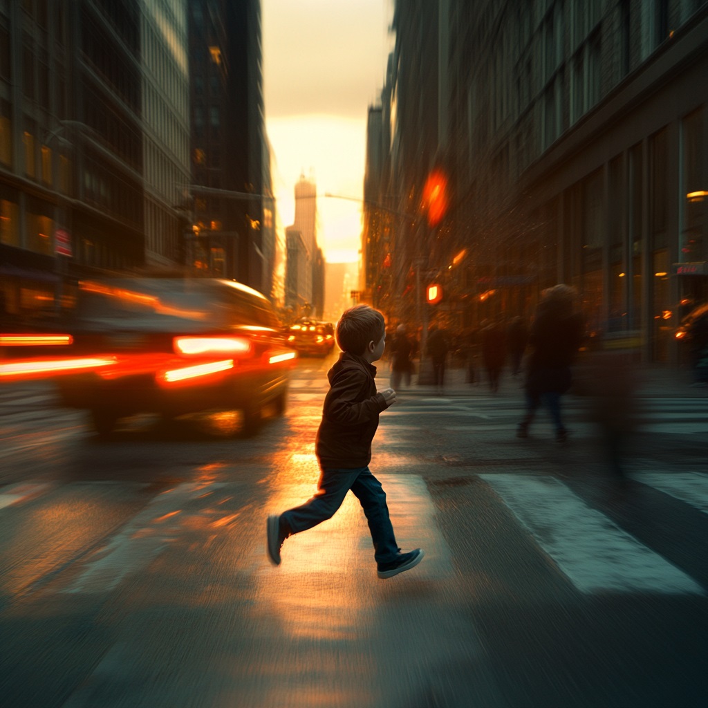 Siniestro Niño RC hyper realistic 4k photograph of a boy that is crossing a street running whitout watching and a car is comming fast --v 6.1 Job ID: 27580b2d-b3a2-49e5-a0a0-84ed2e6298af