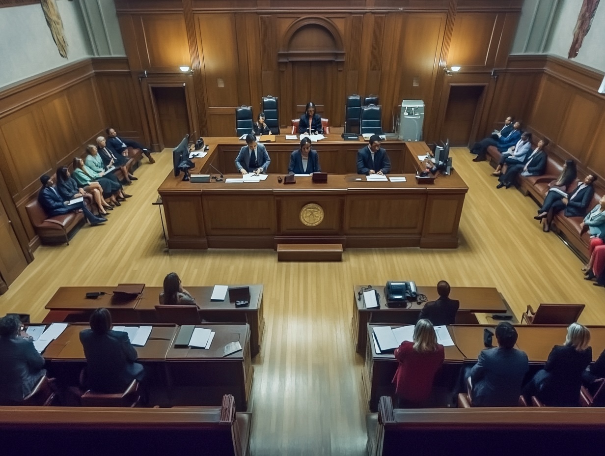 hiperultraHD detiled photo, A modern court session in USA Court, viewed from above, reveals a courtroom filled with lawyers, judges, and the public. Main judge is a latin woman. The judges sit on an elevated platform, with the defense and prosecution tables visible below. The room is symmetrically arranged, with the audience on both sides, and the atmosphere is filled with focus and solemnity --ar 4:3 --style raw --v 6.1 Job ID: 1b711af0-7cf6-4f88-821d-817c50bf2e46